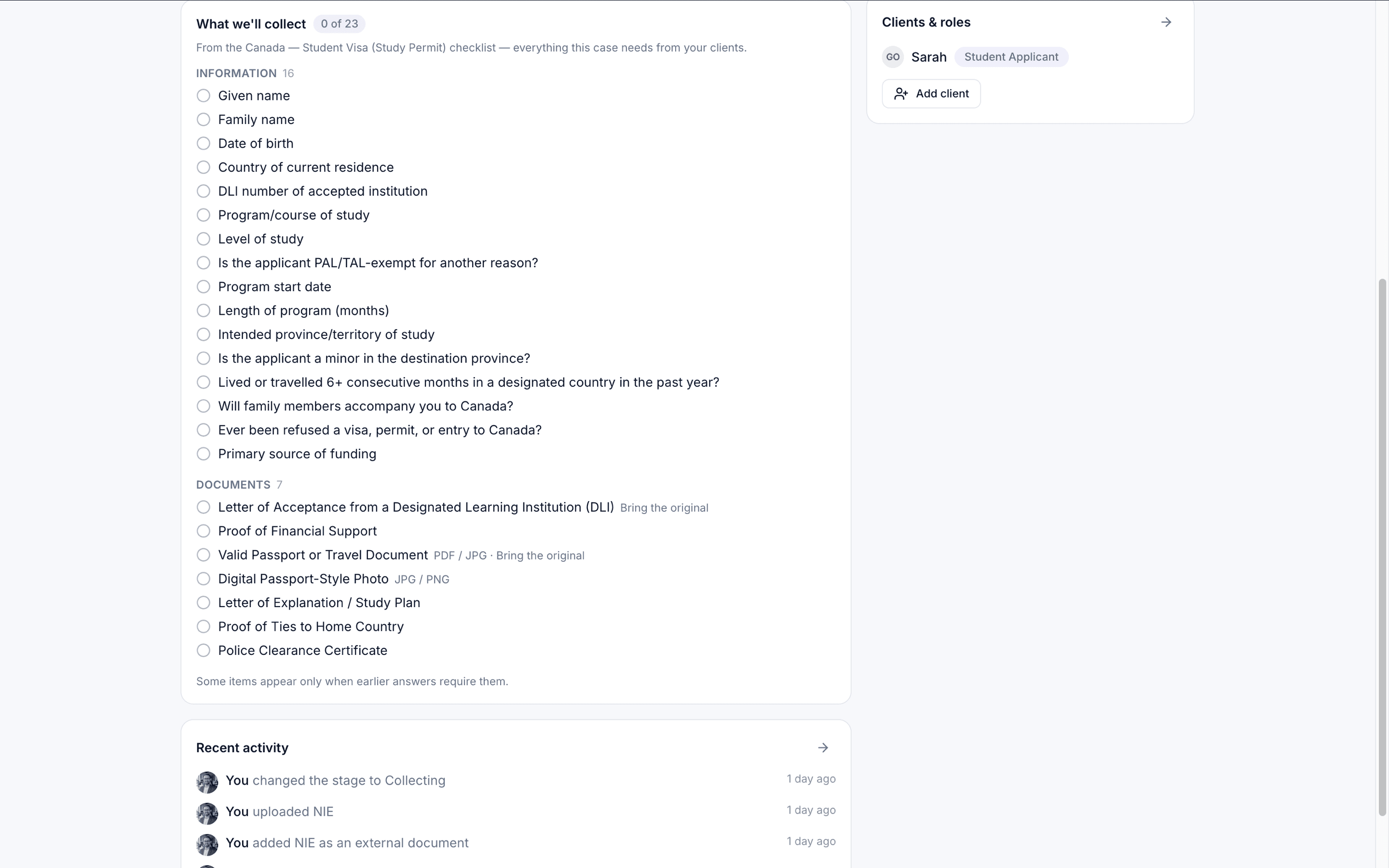 A dynamic document intake whose requirements adapt to the client's answers